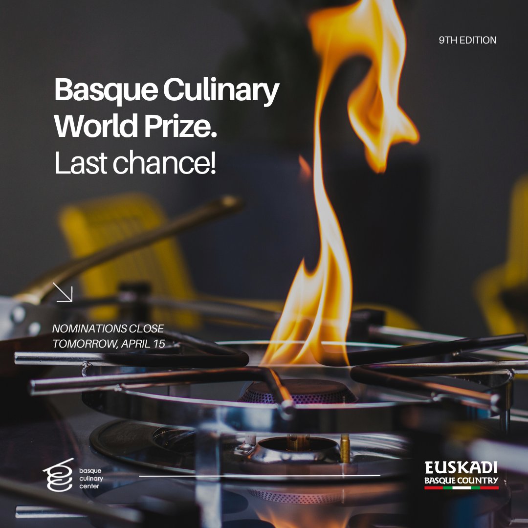 Last opportunity to nominate chefs who use gastronomy 🍲 as a force for change. Nominations close 🔐 tomorrow (April 15).  Nominate now!
🔗 basqueculinaryworldprize.com/online-nominat…
#BCWP2024 #BCWP24 #foodforchange #9thedition #bculinary #euskadibasquecountry #BCWP #euskadi #basquecountry