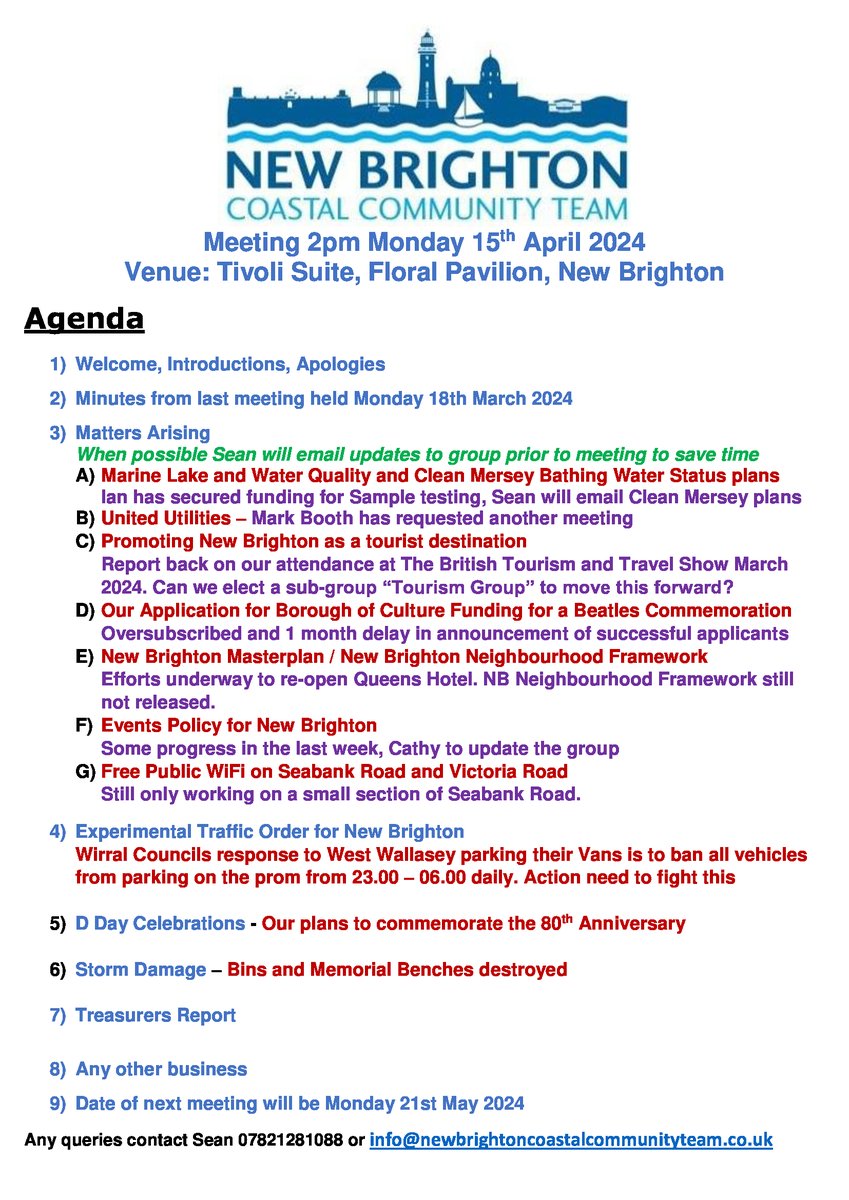 Agenda for the New Brighton Coastal Community Team meeting tomorrow Monday 15th April at the Floral Pavilion. Comments and suggestions welcome