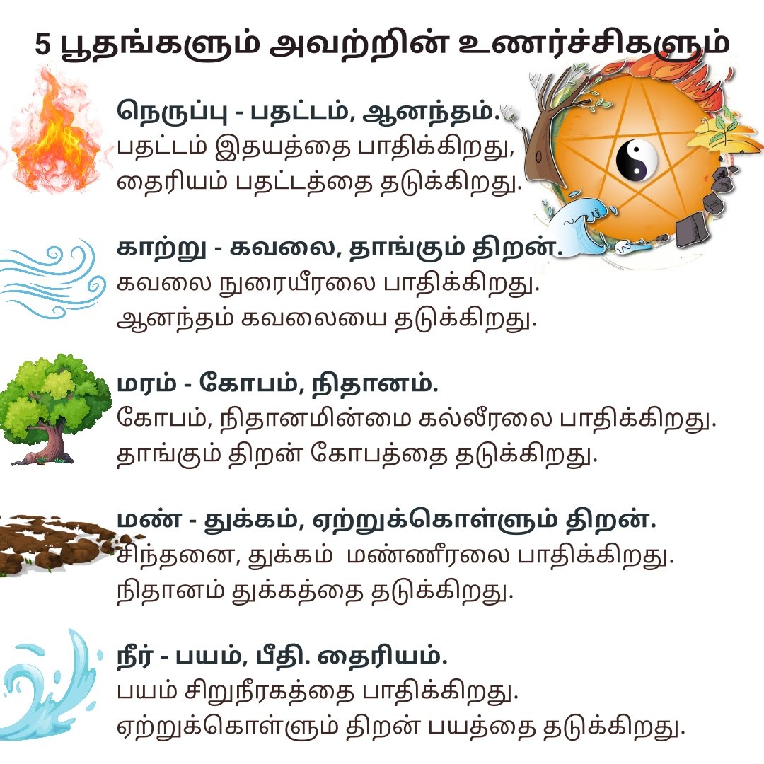 dr_selvakumarv's tweet photo. 5 பூதங்களும் அவற்றின் உணர்ச்சிகளும்
 #அக்குப்பஞ்சர் #acupuncture #sivakasi #rika #drvselvakumar #drselvakumar #fiveelements #பஞ்சபூதங்கள் #fire #earth #air #water #wood #ஆகாயம் #காற்று #நெருப்பு #நீர் #மண் #பதட்டம் #துக்கம் #கவலை #பயம் #பீதி #நிதானம் #ஆனந்தம் #மகிழ்ச்சி https://t.co/k2ircBsEjH