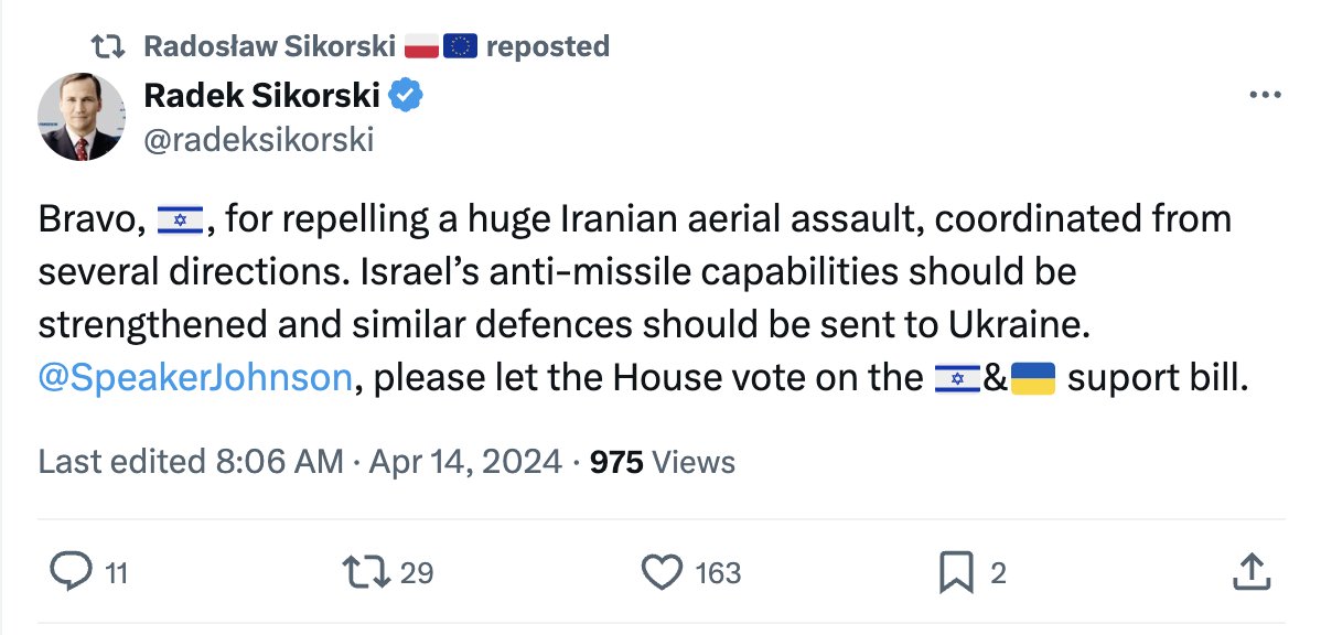 POLAND TO U.S: GREAT WORK IN ISRAEL, NOW GIVE ZELENSKY MORE MISSILES After congratulating Israel for repelling Iran’s attack, Poland PM: “Israel’s anti-missile capabilities should be strengthened, and similar defenses should be sent to Ukraine.”