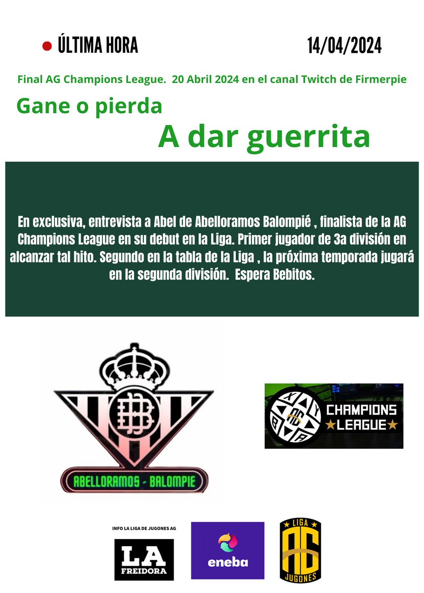 A 6 días de la gran final de la AG Champions League, conseguimos entrevistar a Abel de  Abelloramos <a href="/lobatoabel/">Abel Lobato Ramos</a> , aquí debajo publicamos la entrevista íntegra.
#eFootball2024 🎮 Xbox
@LigaefootballAG  #ThisIsLaLigaAG 
<a href="/josueiba05/">Josu</a> <a href="/rodrigoarana100/">Rodrigo</a> <a href="/BorjaIglesias9/">Borja Iglesias</a> <a href="/joaquinarte/">Joaquín Sánchez</a>