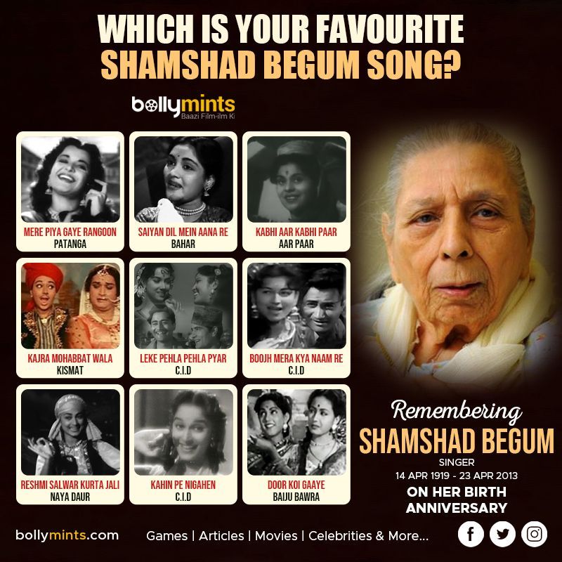 Remembering Singer #ShamshadBegum Ji On Her #BirthAnniversary !
Which Is Your #Favourite Shamshad Begum #Song?