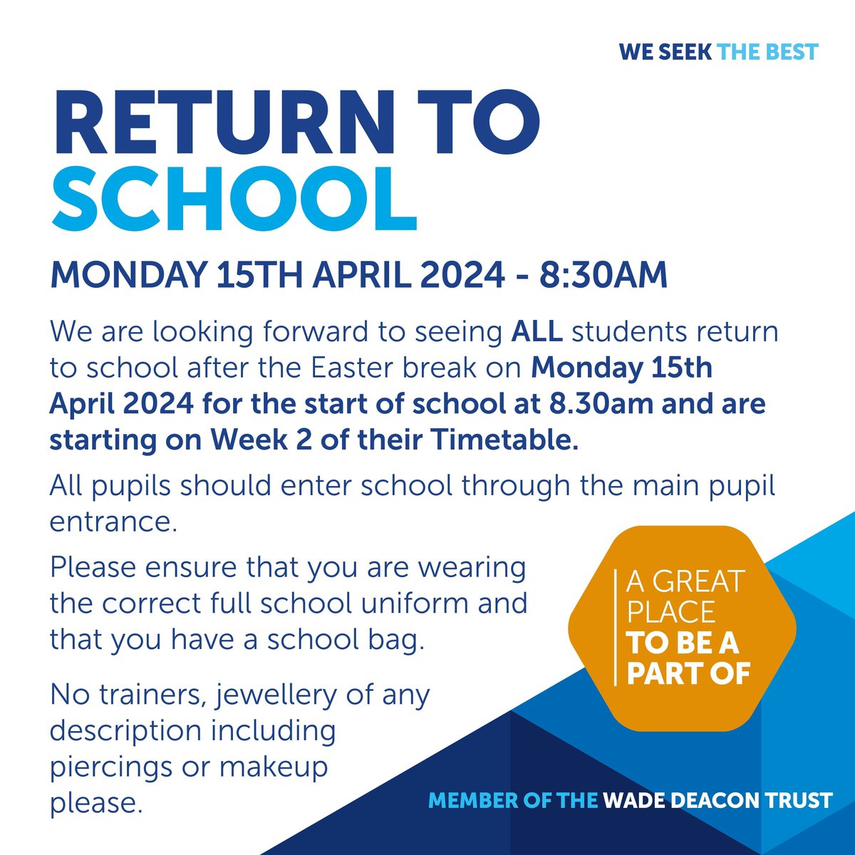 Halewood Academy would like to wish everyone a Happy Easter, we look forward to welcoming all students back to school on Monday 15th April with their full school uniform, bag, black folder and equipment.