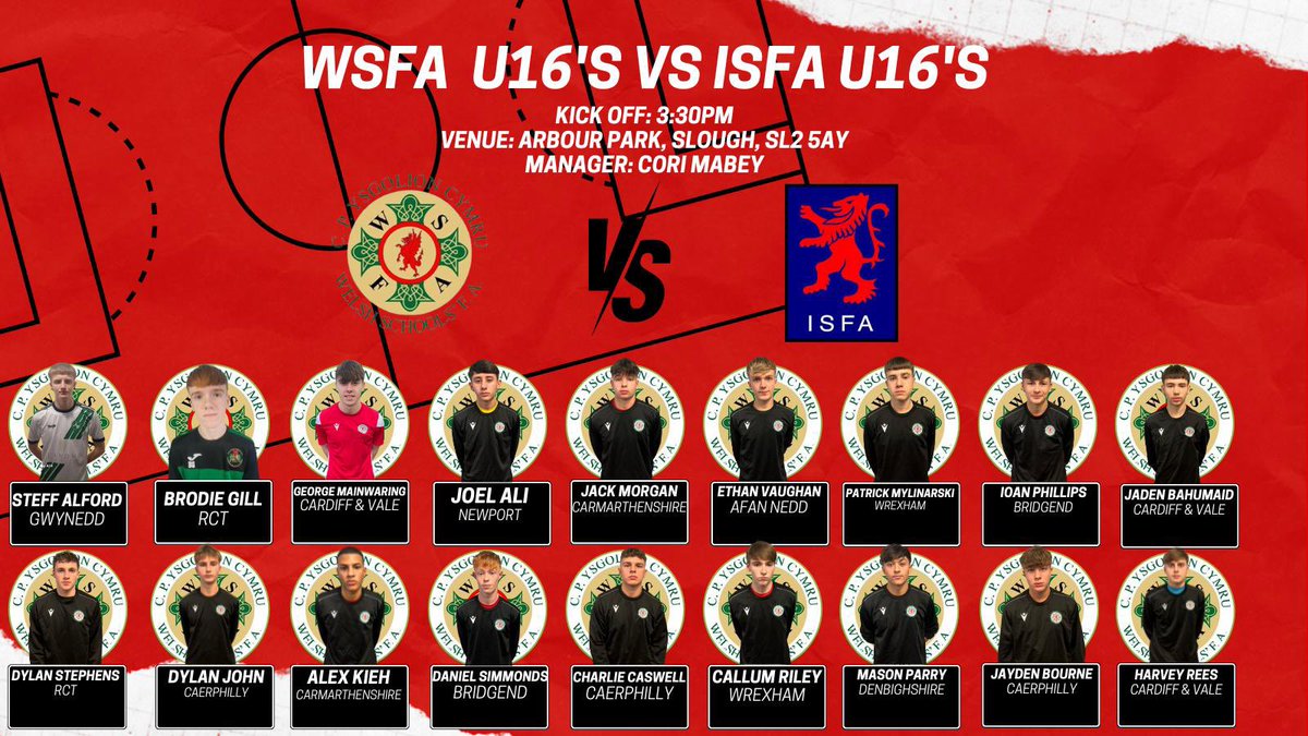 Good luck to both of our U14s & U16s Boys squads @WelshSchoolsFA playing away to @isfafootball today 🏴󠁧󠁢󠁥󠁮󠁧󠁿🏴󠁧󠁢󠁷󠁬󠁳󠁿