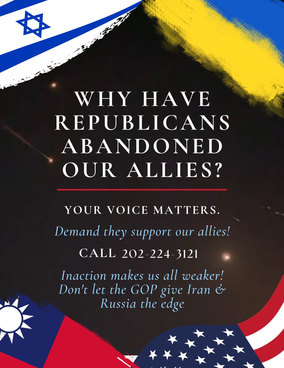 @POTUS Why has @SpeakerJohnson abandoned Israel & Ukraine? You're either with Iran & Russia Or You're with America & our allies: Israel, Ukraine, & Taiwan Don't let Republicans abandon democratic principles! Call & demand they #PassUkraineAidNOW & aid for Israel, Taiwan and Gaza!