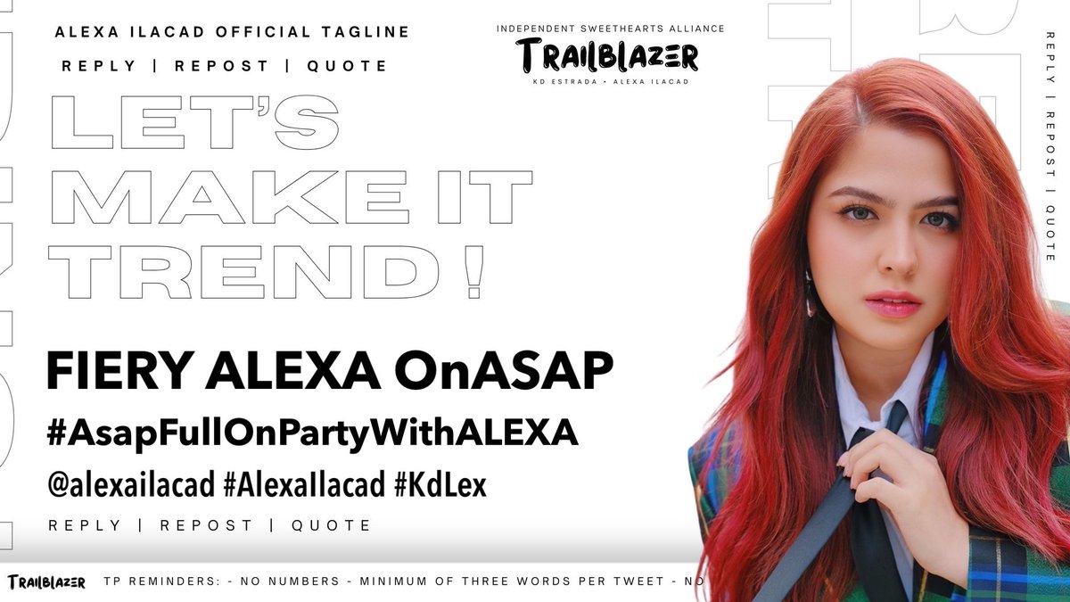 Alexa's Whitehearts XParty

Official Tagline

FIERY ALEXA OnASAP

#AsapFullOnPartyWithALEXA

#AlexaIlacad 

XP Reminders:
- No numbers 
- Min of three words per post
- No emojis
- No all capslock

Kindly drop the tag if you see this post. Thank you!

Post I Repost I Quote I Reply