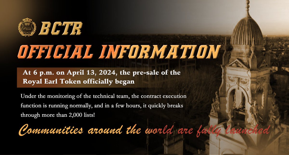 Royal_Count's tweet photo. Official News:
At 18: 00 on April 13, 2024, the pre-sale of the Royal Earl Token officially began, and under the monitoring of the technical team, the contract execution function was running normally, and within a few hours, it quickly broke through more than 2,000 lists! Starting today, the world's major communities will be fully docking and settled!
#NFT #RoyalEarl #RoyalCount #Blockchain