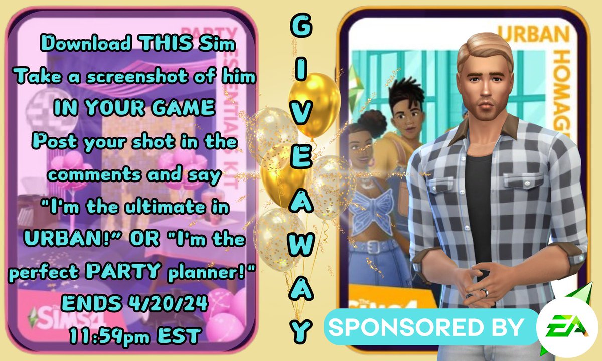 I have a new #Giveaway sponsored by the #EACreatorNetwork!💜Download this sim → tinyurl.com/2s26mkcf and see image for directions ~ To enter for both kits: Share 2 different screenshots 😉GOOD LUCK! 💜 #TheSims4 #UrbanHomageKit #PartyEssentialsKit