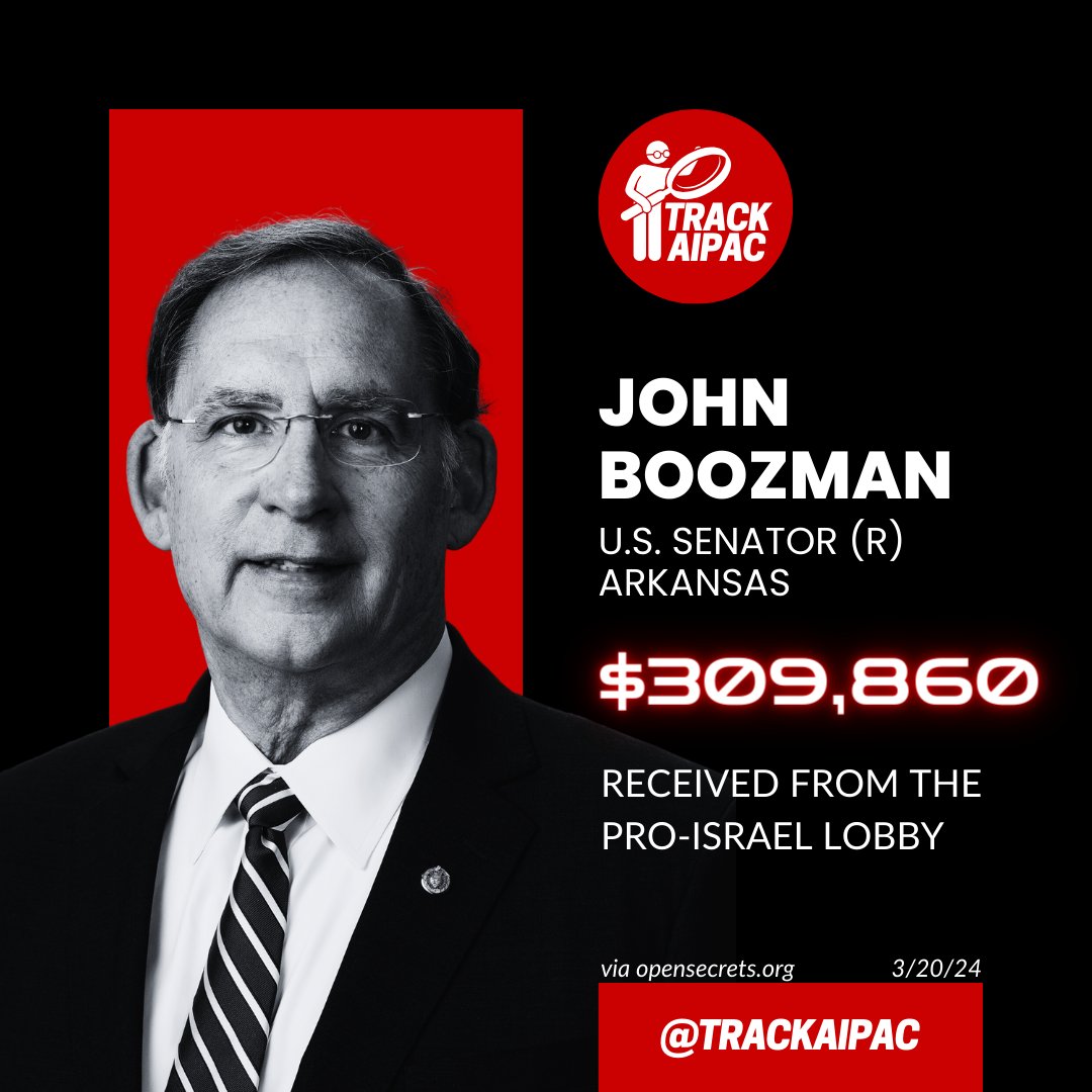 @JohnBoozman Sen. John Boozman has received >$309,000 from the Israel lobby, now he parrots their talking points. #ARSEN #RejectAIPAC