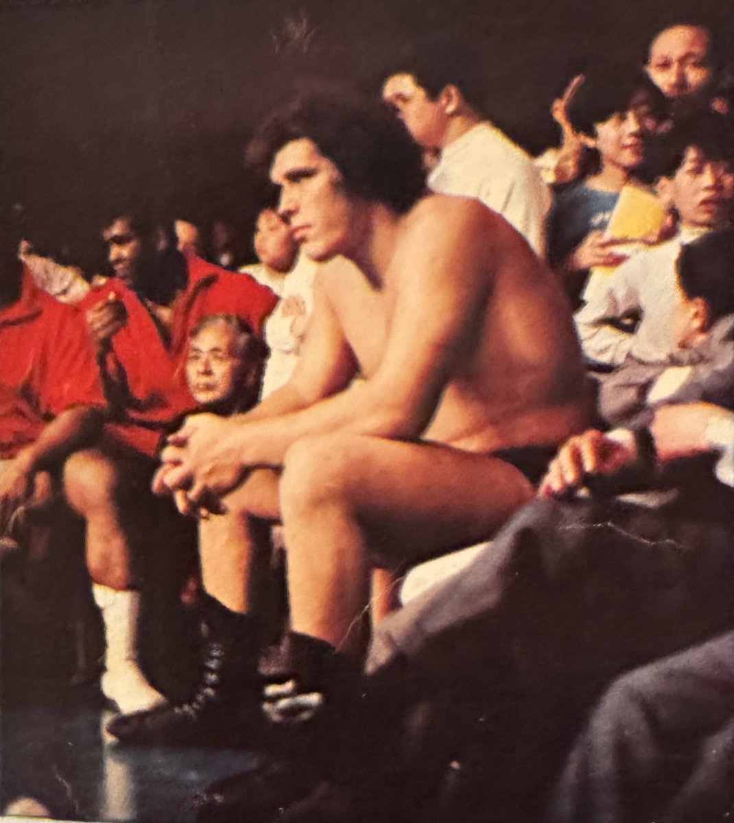 Some photos of “Monster Rousimoff” as he sits front row watching Karl Gotch vs Billy Robinson at the 1971 IWE Annual Tournament, followed by him holding his prize for winning the tournament with Karl Gotch