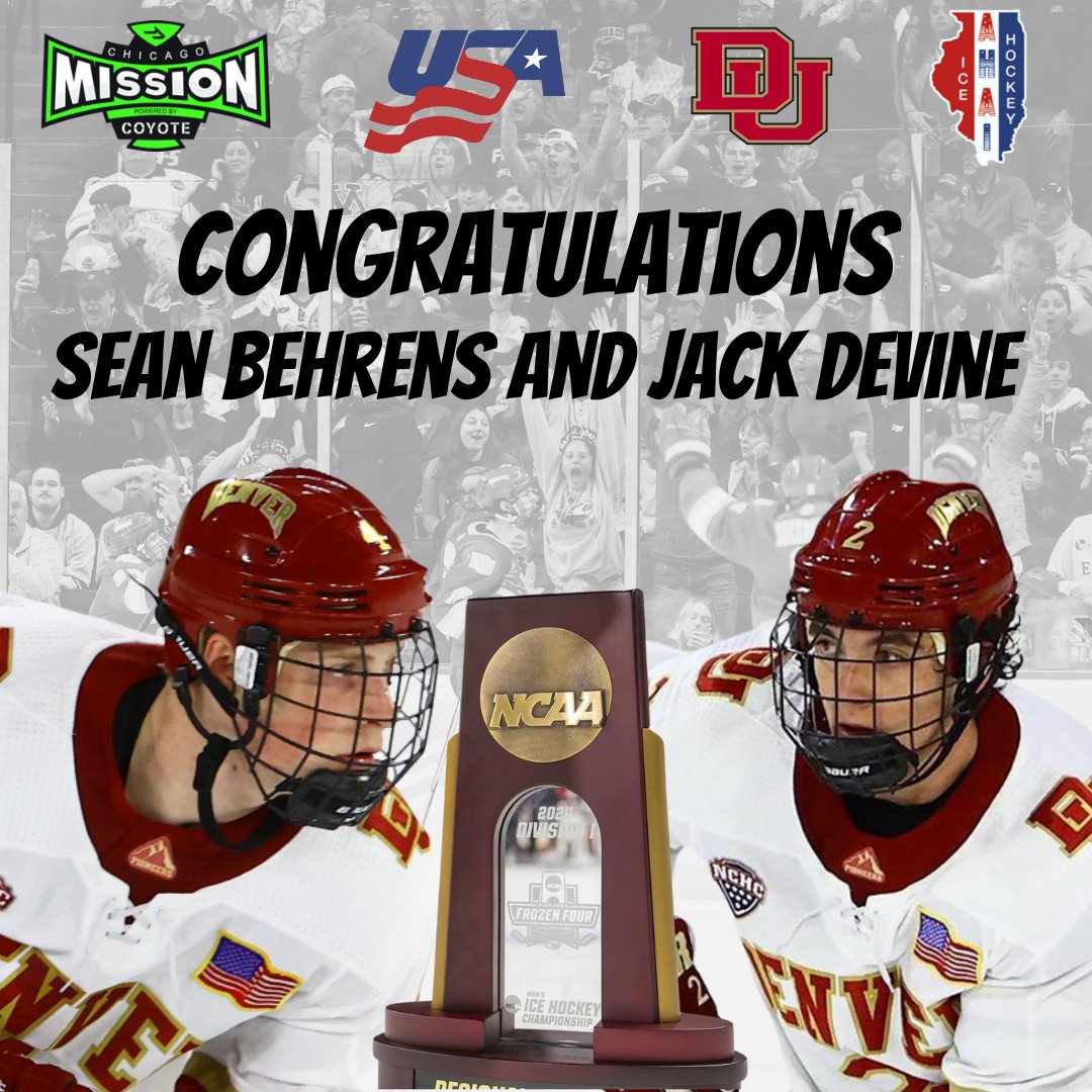 Congratulations to Illinois players Sean Behrens (Barrington) and Jack Devine (Glencoe) on winning the National Championship with Denver University!

#ILproud #ILHockey #illinoishockey #ncaahockey #duhockey #frozenfour #collegehockey #chicagomission #denveruniversity