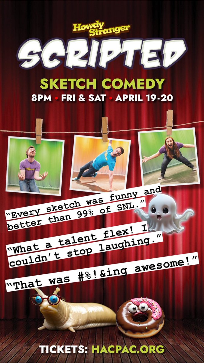 howdy_stranger's tweet photo. Our annual live sketch comedy show, Scripted, April 19-20 at HACPAC https://t.co/PX836evjQy