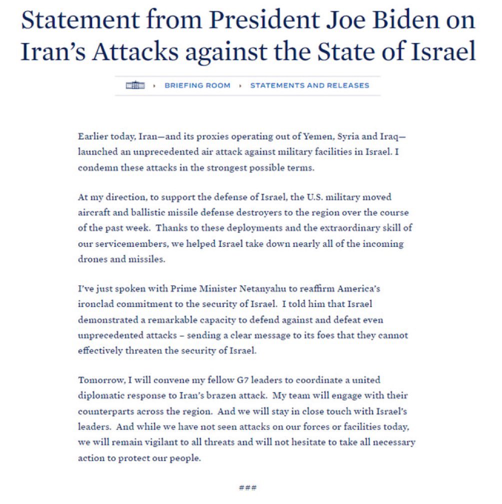 🚨Just in: Joe Biden has released a statement on Iran’s attack against Israel.