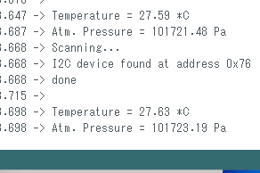 お、できた
思ったより正確(アナログ温度計に基づく)な値出てるね、BMP280