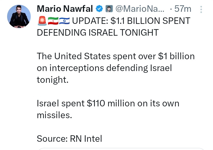 1.1 ارب ڈالر امریکہ نے اور 1 سو دس ملین ڈالر اسرائیل نے ایرانی میزائل کو انٹرسیپٹ کرنے کے لیے لگا دیے لیکن پاکستانی کچھ صحافیوں اور کچھ تجزیہ کاروں کو لگتا ہے کہ اسرائیل تباہ و برباد نہیں ہوا تو اس پر حملہ ہی نہیں ہوا ایسی مخلوق صرف پاکستان میں پائی جاتی ہے