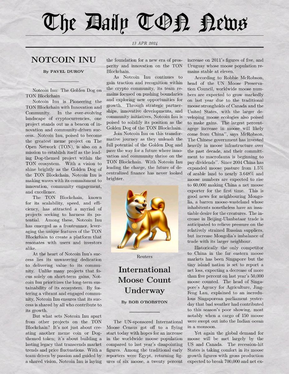 Notcoin Inu: The Golden Dog of the @ton_blockchain As @thenotcoin emerges as the greatest meme project on The Open Network, Notcoin Inu is also set to become the leading Dog-themed project in the TON ecosystem. With a vision to shine brightly as the Golden Dog of the