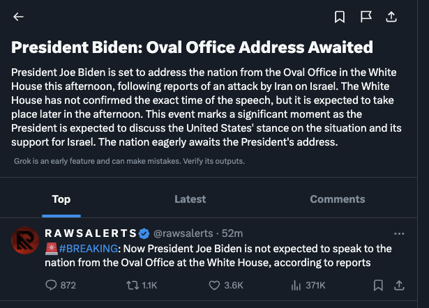 5 hours later, Twitter's AI-powered trending section is still speculating if Biden will speak from the Oval CNN has an errant graphic saying he would and it was picked up by many a blue check aggregator accounts. CNN walked it back on air a few minutes later and now here we are.