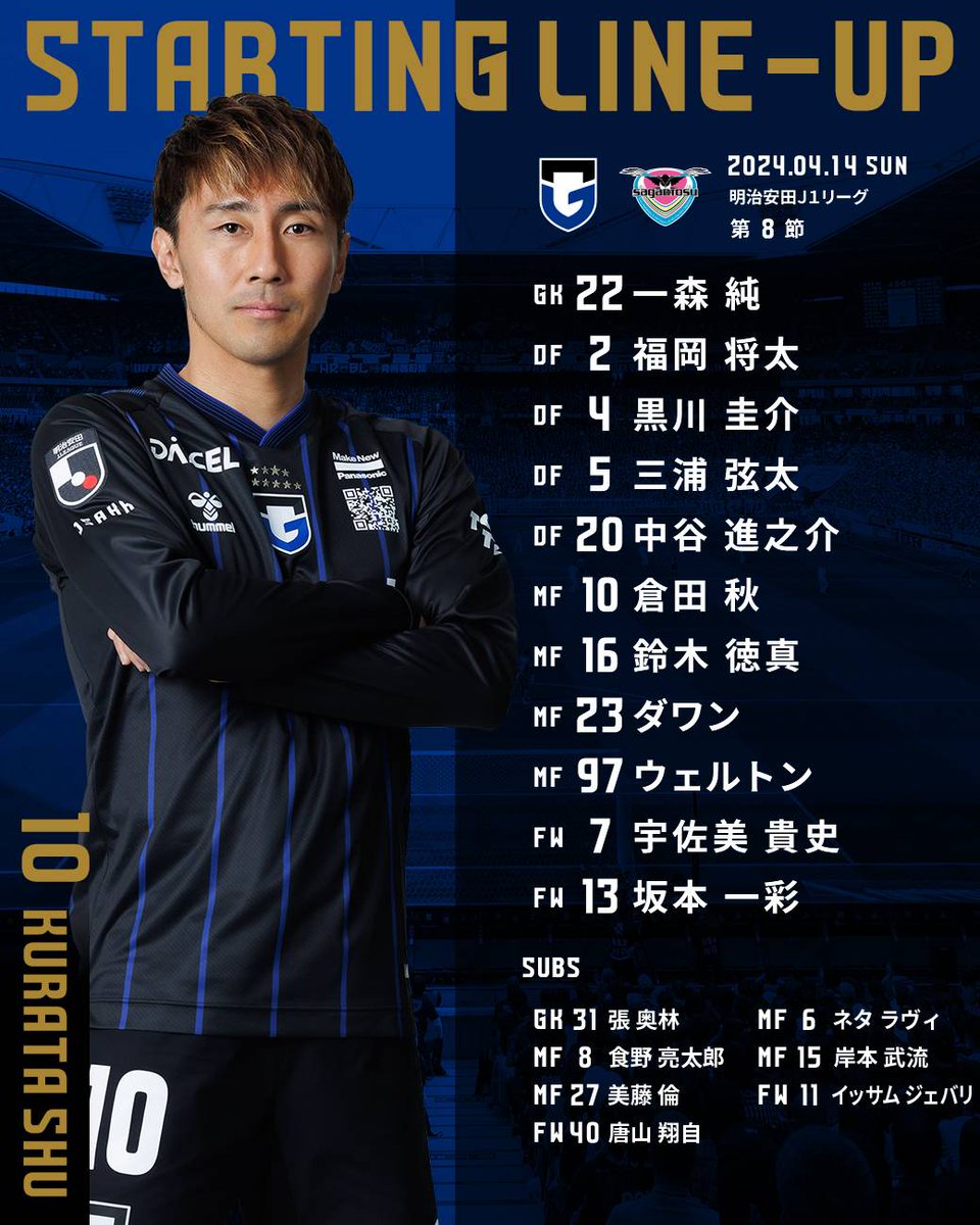 GAMBA_OFFICIAL's tweet photo. 🔵𝗦𝗧𝗔𝗥𝗧𝗜𝗡𝗚 𝗟𝗜𝗡𝗘-𝗨𝗣⚫️

🏆明治安田J１リーグ 第8節
🆚#サガン鳥栖
🗓️4/14（日）
⏰15:00
🏟️#パナスタ

試合を観るなら▶️@DAZN_JPN
登録は▶️https://t.co/cmHuKWaYRL

#ガンバ大阪 #GAMBAOSAKA https://t.co/QZKJlxMw4i