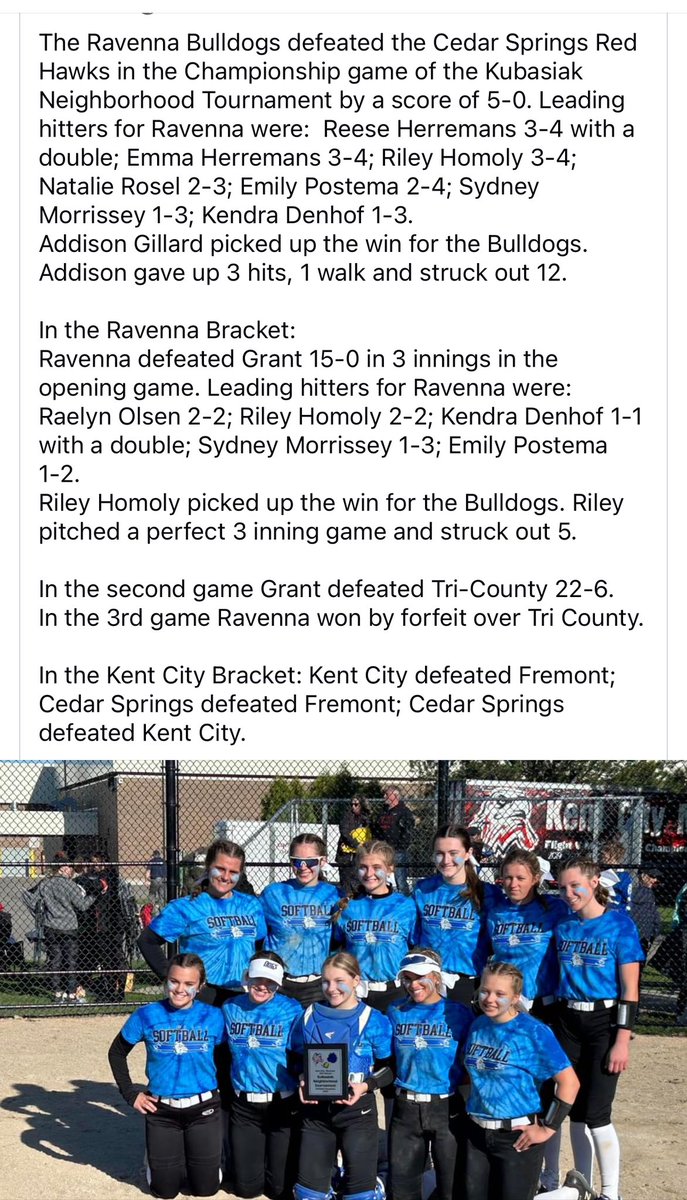 Tournament win for our Ravenna ladies today!! <a href="/reeseherremans/">Reese Herremans</a> <a href="/emmaherremans/">Emma Herremans</a> <a href="/RileyHomoly/">Riley Homoly</a> <a href="/addison_gillard/">Addison Gillard</a> <a href="/emily_postema0/">Emily Postema</a> <a href="/natalie_rosel/">Natalie Rosel</a> <a href="/kendradenhof/">kendra denhof</a>