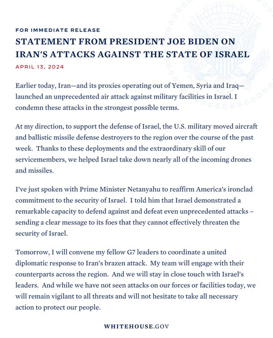 A Statement from President Joe Biden on Iran’s Attacks against the State of Israel.