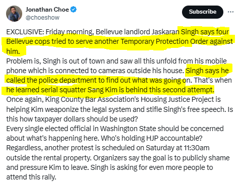 MT59802's tweet photo. @RealSafeSeattle @bennetthaselton @choeshow Choe's tweet is very strong evidence that Singh knew about the order. He apparently called the police department and was told about it. The hearings in these cases are very short, informal, and don't follow rules of evidence. Only a preponderance of evidence is needed to prevail. https://t.co/ftCbs9VUkd