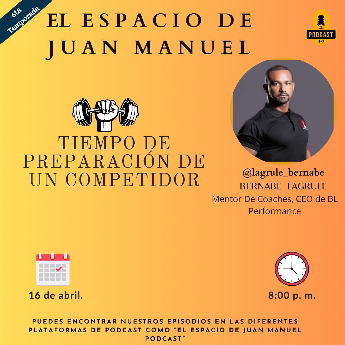 Carbonelljuan's tweet photo. 🗓️ martes, 16 de abril
🕒 08:00 p.m.
"Tiempo de preparación para un Competidor" con el estimado amigo @lagrule_bernabe en el #Espaciodejuanml https://t.co/EEAFxWsUk4