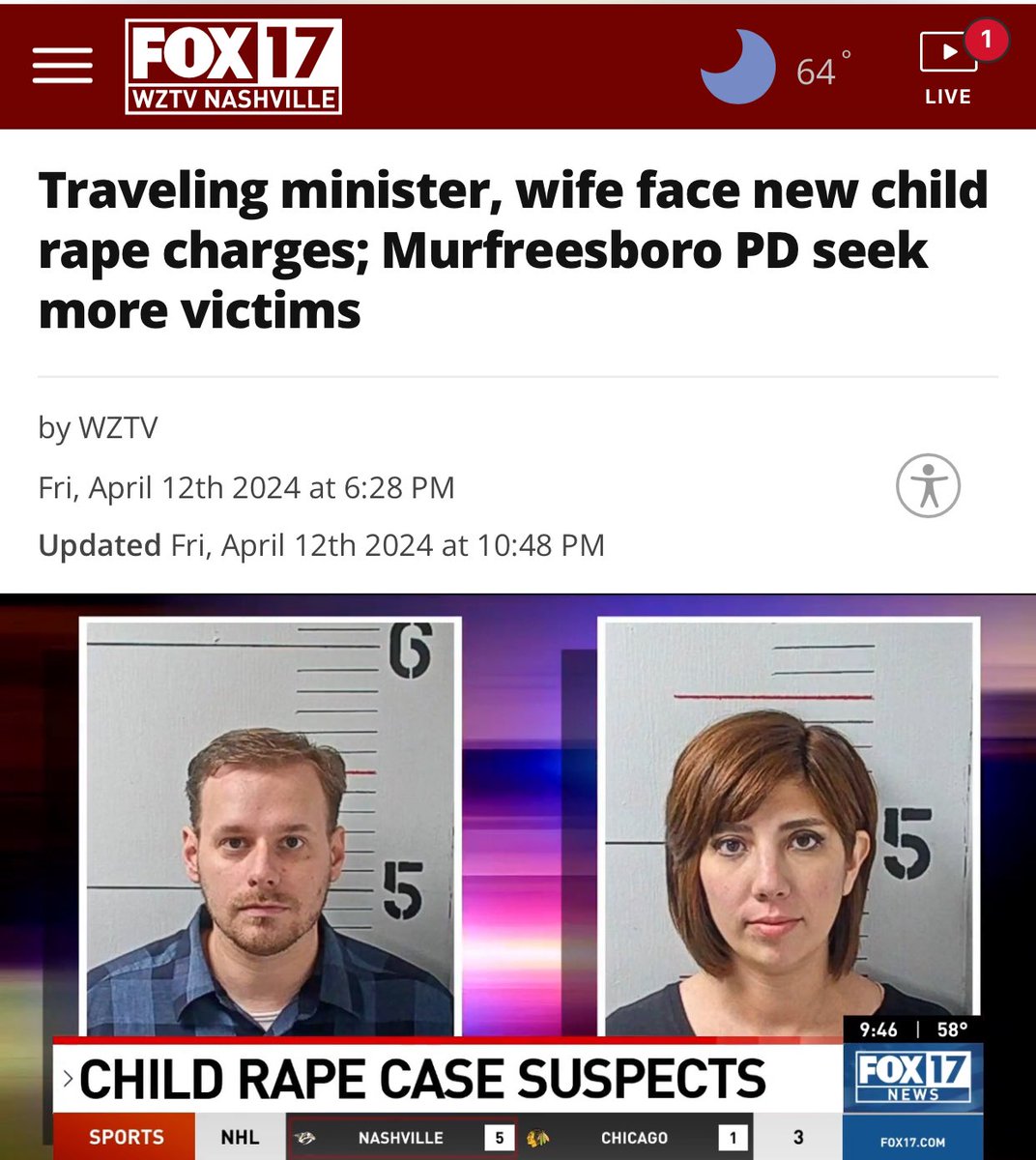 UPDATE — MURFREESBORO: “Police encourage any potential victims to come forward in the child rape case of traveling minister Benjamin Garlick, reindicted by a Grand Jury (7 counts of aggravated rape of a child + more) — His wife Shaantal also reindicted…” fox17.com/news/local/mur…