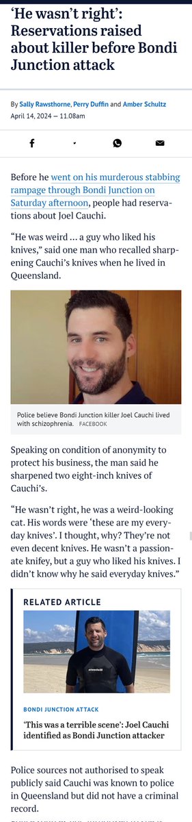 MSMWatchdog2013's tweet photo. @JuliaHB1 Remove your tweet ya rabid Islamaphobic flog
You've been told that it's not a terrorist attack
The perpetrator Joel Couchi, aged 40, is an Aust bloke from Qld allegedly suffering from schizophrenia, meth addiction
#NotAMuslim
#NotATerrorist
#NotIslamic
https://t.co/1urCo6h8CA https://t.co/A0rLeB8maB