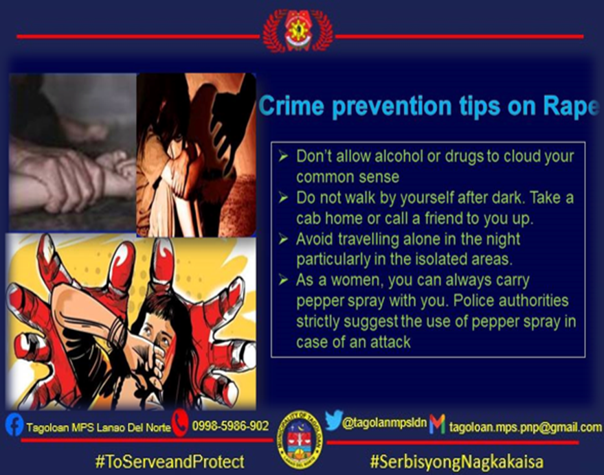 Crime Prevention Tips on RAPE 

 #SerbisyongNagkakaisa 
  #serbisyongcardo 
#SerbisyongMayPuso 
#ToServeandProtect 
#BagongPilipinas