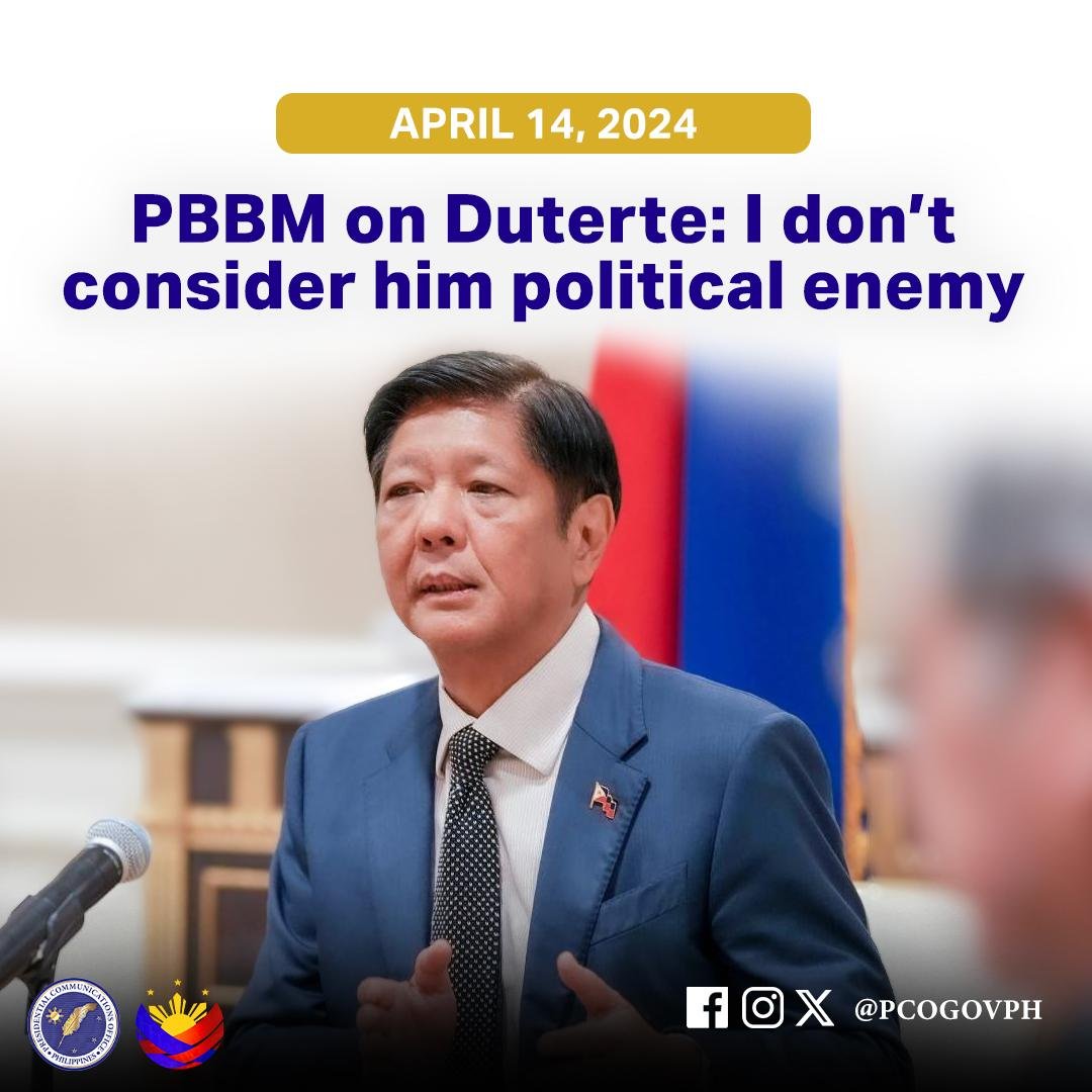 Despite personal attacks by former president Rodrigo Duterte against him, President Ferdinand R. Marcos Jr. clarified that he does not consider his predecessor as a political enemy. Read: pco.gov.ph/PBBM-doesnt-co…