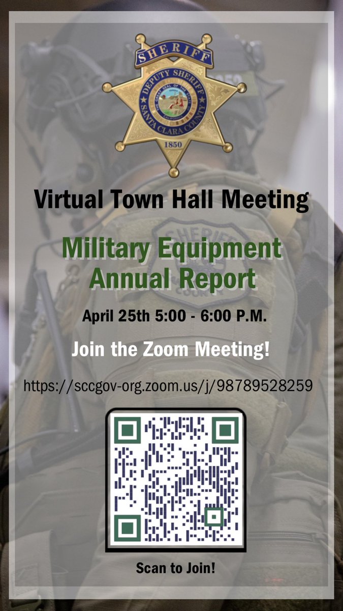 Join us! Our Virtual Town Hall Meeting where we will be discussing our Military Equipment Annual Report April 25th - 5:00-6:00 P.M.