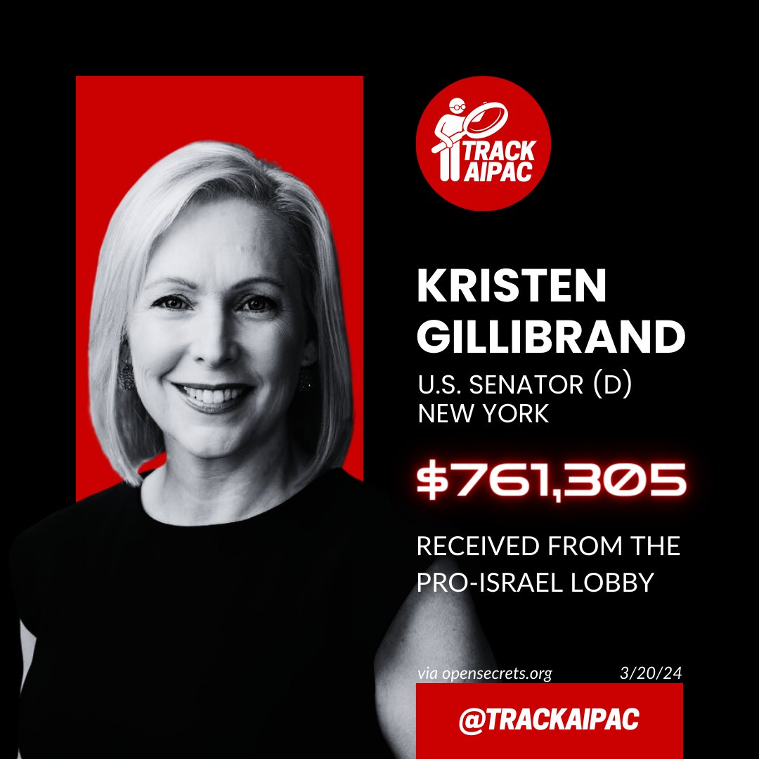 @SenGillibrand Sen. Kristen Gillibrand has received >$760,000 from the Israel lobby. She is paid to parrot Israeli propaganda. #NYSEN #RejectAIPAC