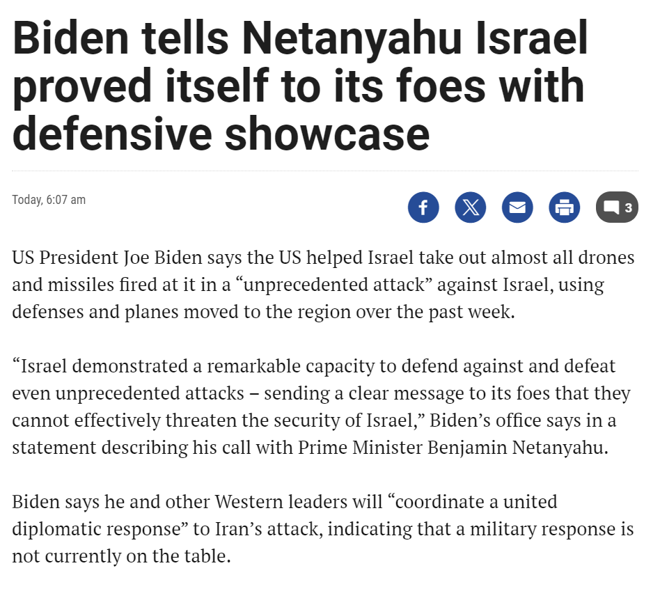 As predicted, it now looks pretty much certain the U.S. will leave it at that. In a rather funny statement Biden says 'Israel demonstrated a remarkable capacity to defend against and defeat even unprecedented attacks – sending a clear message to its foes that they cannot…