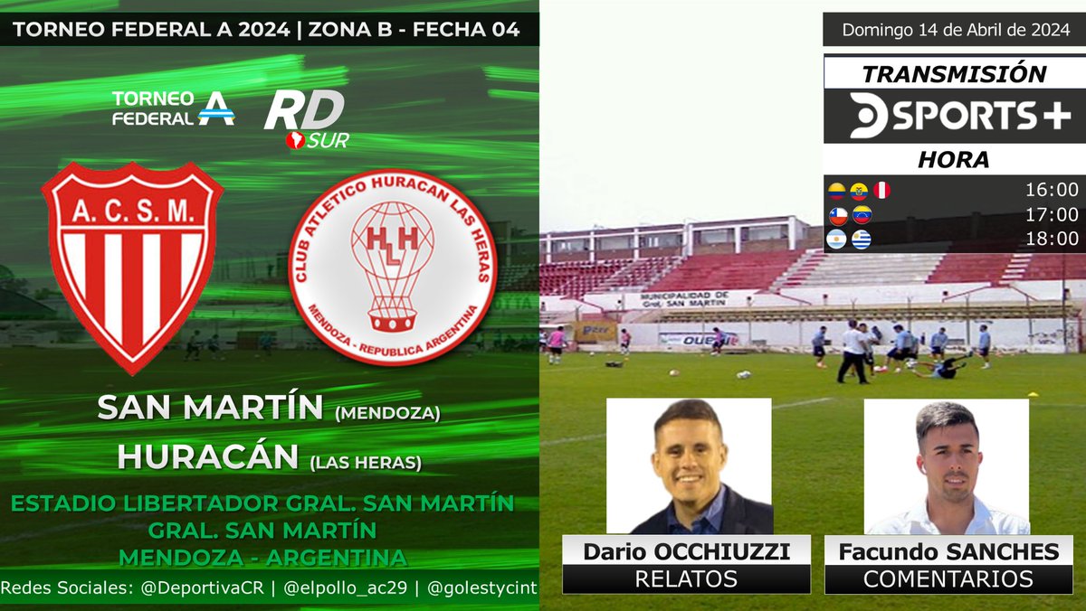 #TorneoFederalA 2024 🇦🇷
#SanMartínM vs #HuracánLasHeras
🎙️ Relatos: @DarioOcchiuzzi
🎙️ Comentarios: @Facusanches9
📺 TV: @DSportsAR (610 - 1610)
💻📱 @DGO_Latam 🇦🇷
#️⃣ #AscensoEnDSports