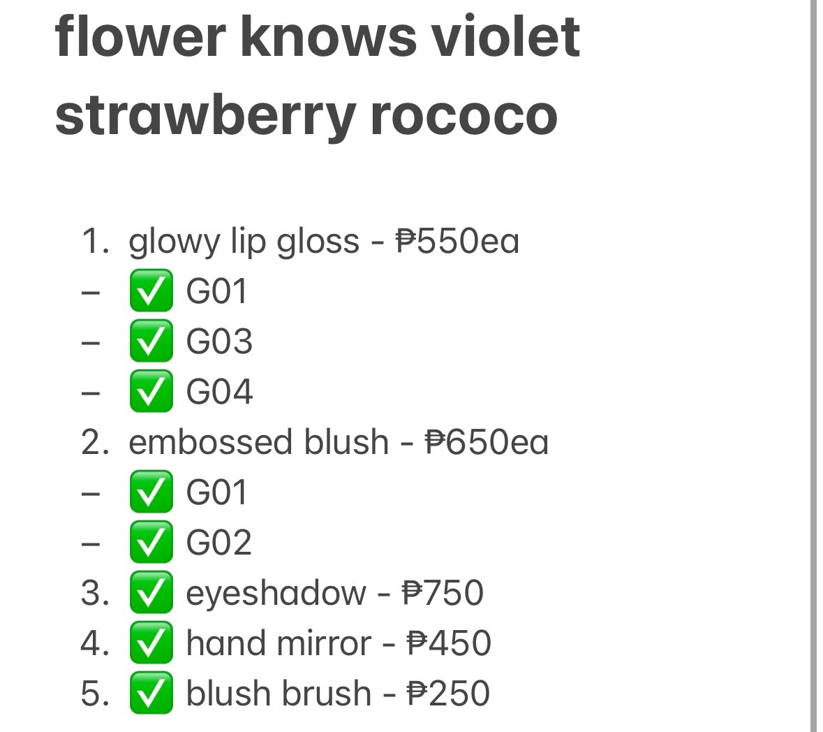 berryluves's tweet photo. wts | lfb | ph 🐇

♥︎ flower knows violet strawberry rococo
╰ ₱ (pic) + sf (free pf)
╰ PAYO / 6 DAYS 
╰ shade swatches in thread
╰ ALL MUST BE TAKEN

— read.ᐟ 🗯️
꒰ https://t.co/VrFXNn4cnU ꒱

🌷 flower knows collection makeup lip gloss tint eyeshadow mirror blush brush https://t.co/1nMTYlQTtM