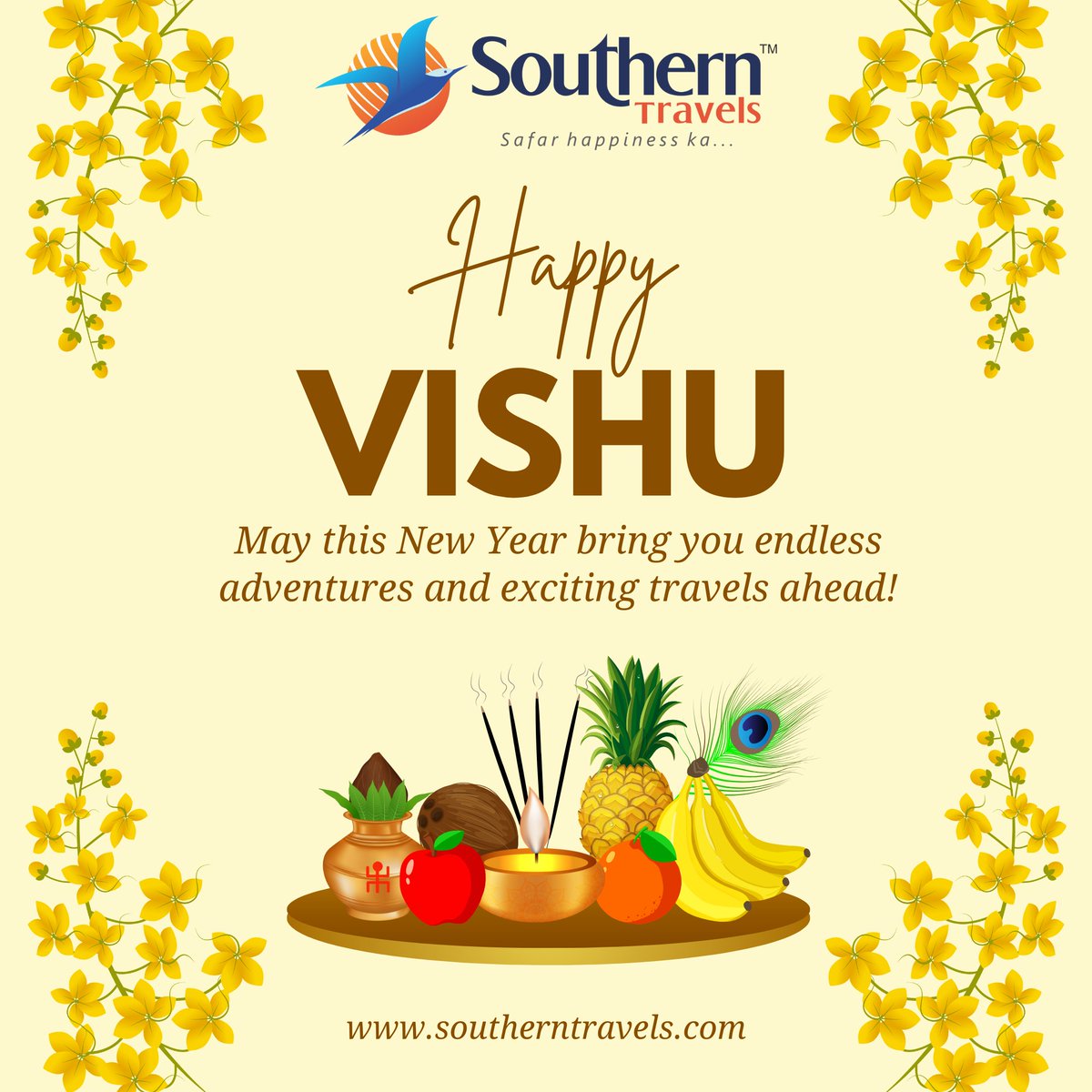 Happy Vishu! 🎉 Wishing you a year filled with new adventures and unforgettable travels! Contact us at 1800 11 0606 or email tours@southerntravels.in to start planning your next trip! #Vishu #NewYear #SouthernTravels