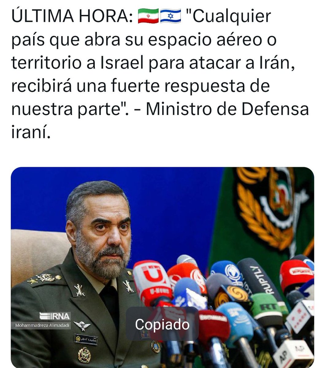 🇮🇷🇮🇱 'Any country that opens its airspace or territory to Israel to attack Iran, will receive a strong response from us.' - Iranian Defense Minister.