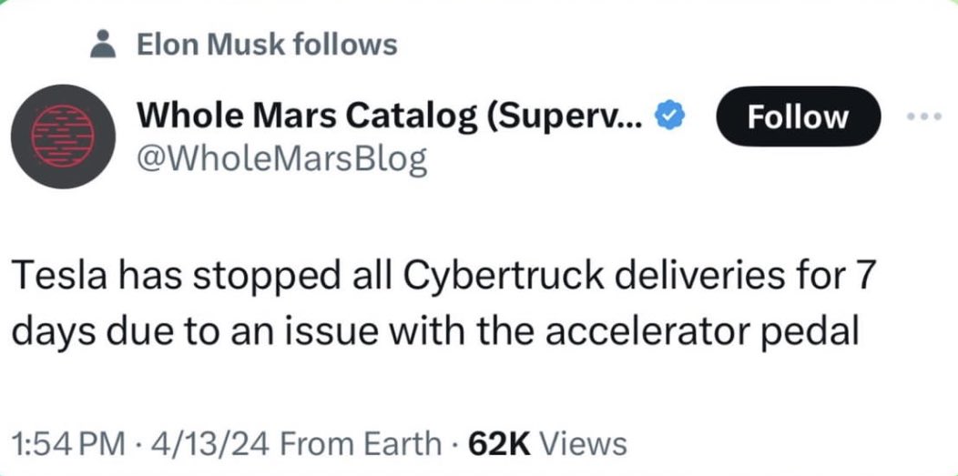 CarCounsel's tweet photo. And here I thought the only thing on a #Tesla that works is the accelerator.
#Cybertruck #Cybercluck https://t.co/SiSmMPYfHF