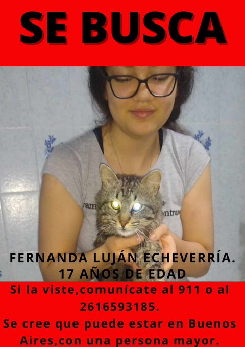 #URGENTE BÚSQUEDA EN TIEMPO REAL #BUENOSAIRES PEDIMOS MÁXIMA DIFUSIÓN🙏 Fernanda Luján Echeverría Ríos tiene 17 años, es de Mendoza, desapareció el 5/4, se encontraría en Buenos Aires con un hombre mayor. Es delgada, altura 1,70. Usa lentes. Avisar #Urgente al☎️2616593185 o 911