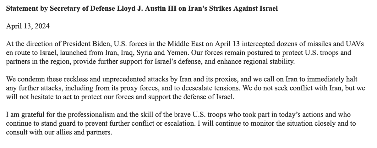 JUST IN: US forces 'intercepted dozens of missiles & UAVs [drones] en route to #Israel, launched from #Iran, #Iraq, #Syria & #Yemen' per @SecDec Lloyd Austin Adds, 'Our forces remain postured to protect US troops & partners in the region'