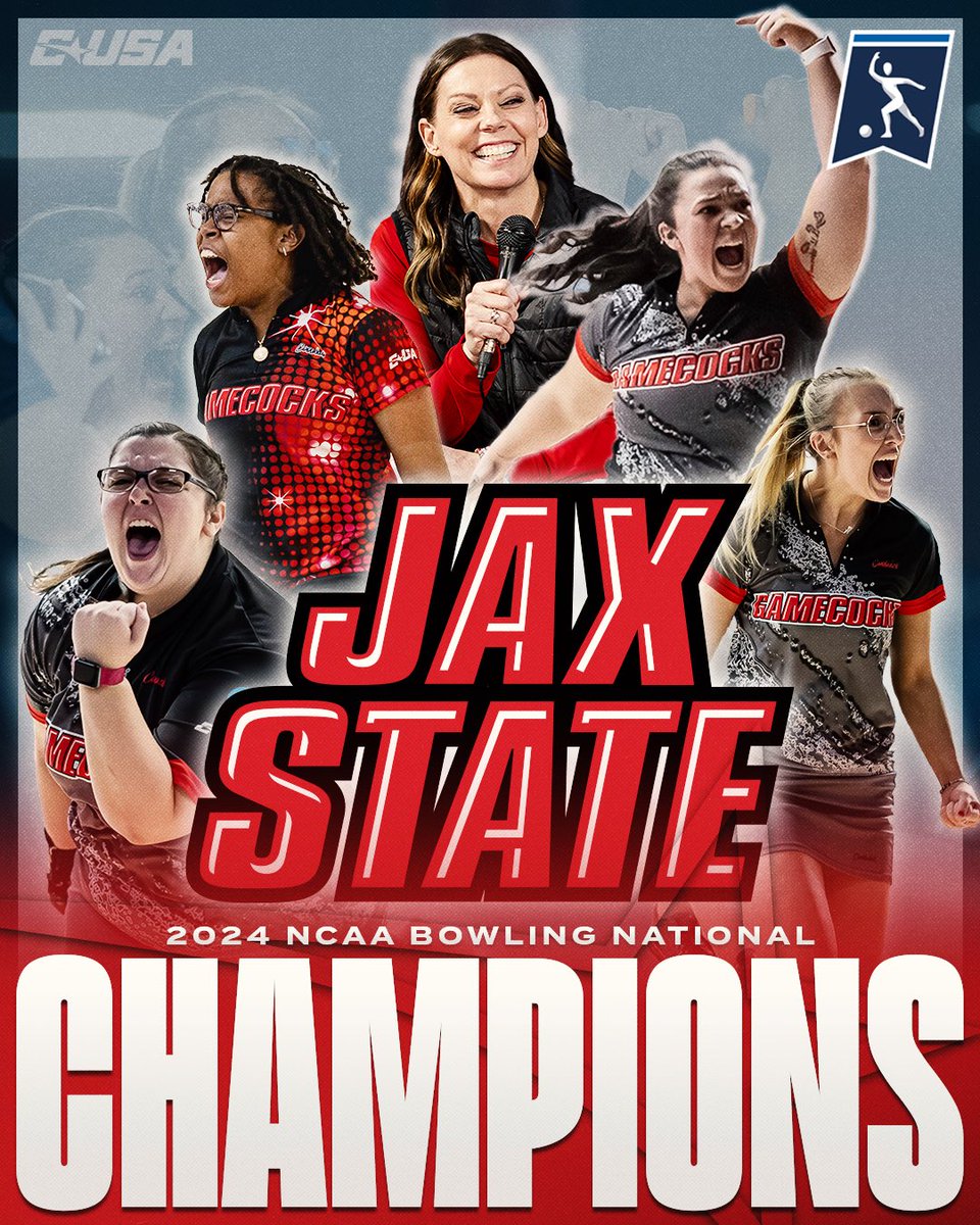 ConferenceUSA's tweet photo. Your 2024 National Champions!!!🏆🐔🎳

Jax State defeats Arkansas State in game seven of the NCAA Championship Final!

#NoLimitsOnUs | @jaxstatebowl https://t.co/xXjtXXKwmF