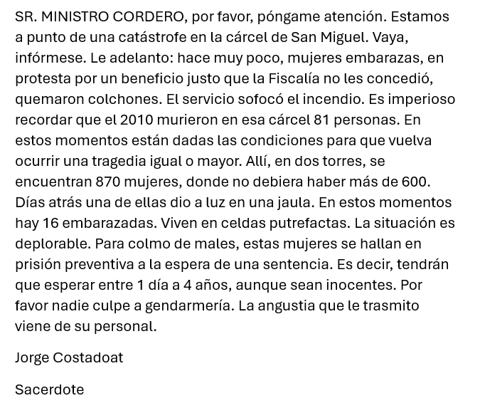 Carta al Sr. Ministro de Justicia