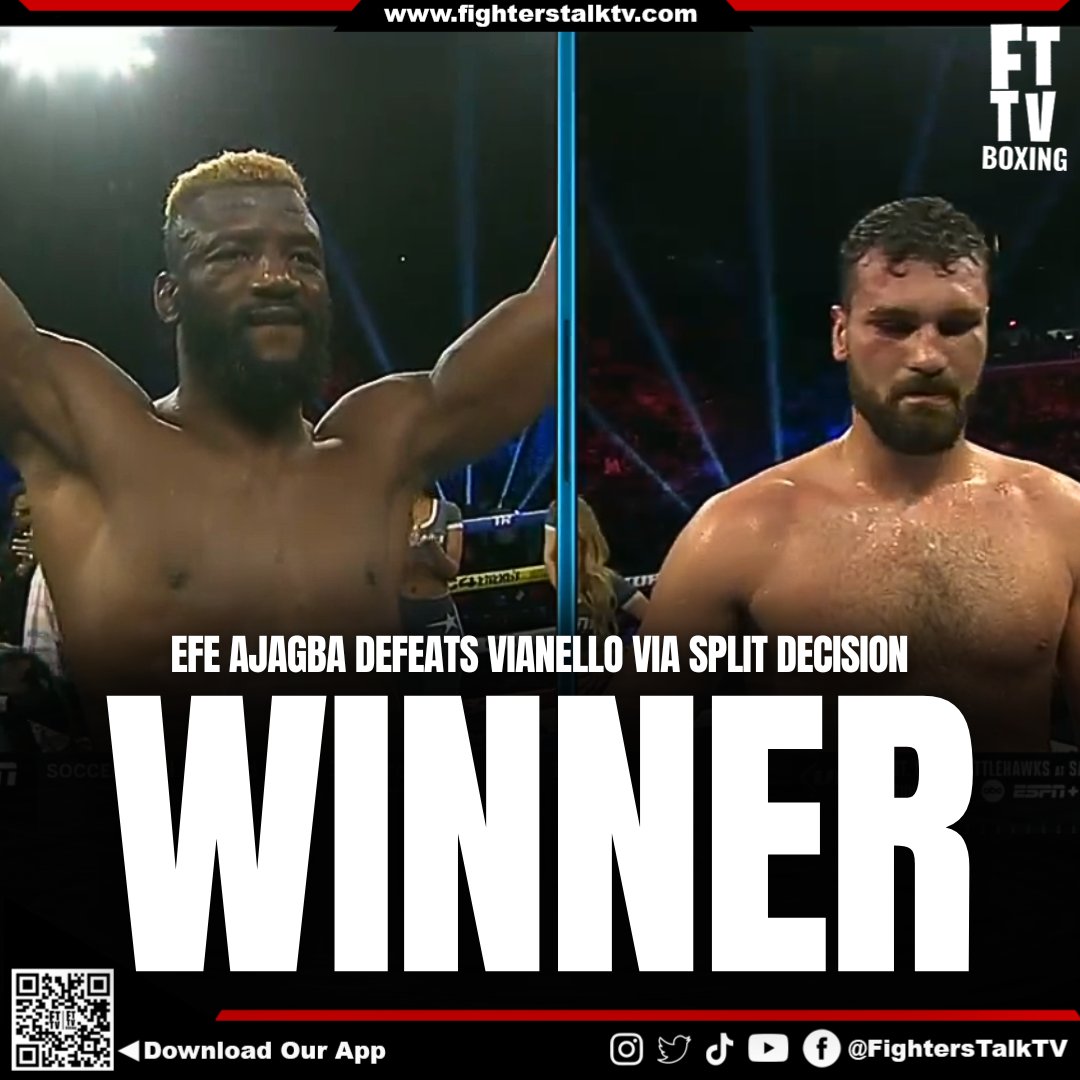 Efe Ajagba weathers the storm and secures the win with a Split Decision against Vianello! 🌪️🥊

Who's NEXT for Ajagba? 🤔

#EfeAjagba #AjagbaVianello #AndersonMerhy #boxingnews #boxingfans #TopRank  #ToprankBoxing