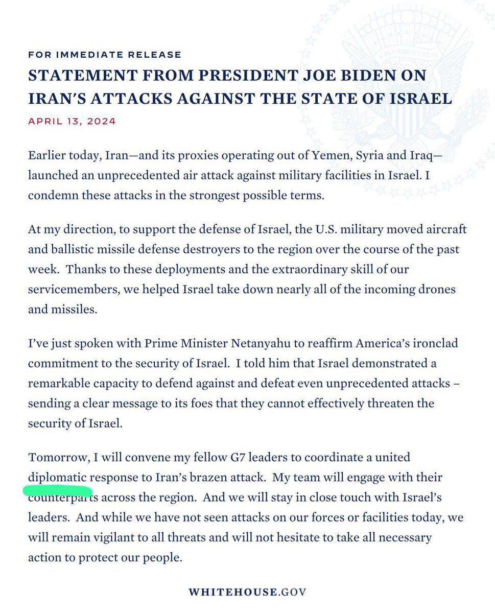 The two most important words may be “concluded” and “diplomatic”.

Iran says the matter can be deemed concluded and Biden says to expect a *diplomatic* response.

Neither party is calling for escalation.
Let’s hope that continues.