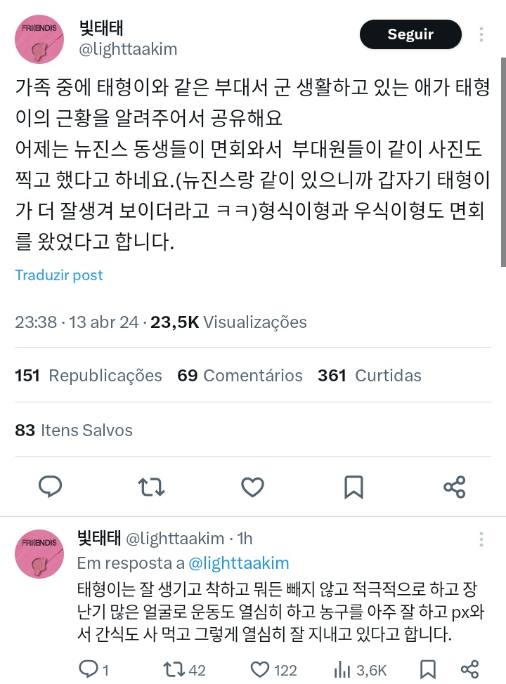 FORTAEKOOK_'s tweet photo. [INFO] De acordo com o relato do membro da família do OP que está servindo na mesma unidade que Taehyung, ontem as meninas do NewJeans foram até lá para visitar o Taehyung e tiraram fotos com a tropa. Os atores e amigos do Taehyung, Wooshik e Hyungsik também foram vê-lo. https://t.co/uleEbWsHcg