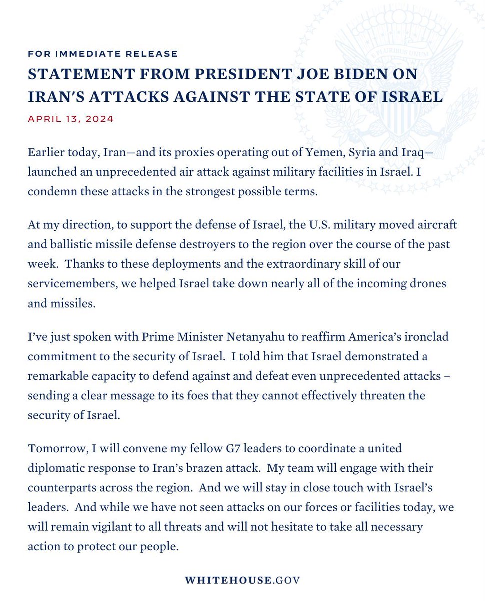 CNBCTV18Live's tweet photo. I condemn Iran's attacks in the strongest possible terms and reaffirm America’s ironclad commitment to the security of #Israel, @POTUS statement on Iran’s attacks against Israel https://t.co/whvYDSGTyF
