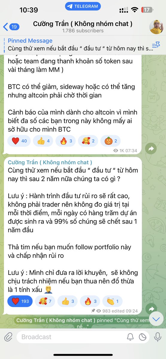 2020 channel bạn của Cường mình lập từ 50 thành viên lên tới đỉnh điểm 7000 thành viên và mình quyết định dừng lại khi thấy phù hợp, khi đó cũng đóng Học Viện Crypto với 15k thành viên 

2024 mình mở channel lại và chỉ trong tuần đầu đã có 1700 thành viên,