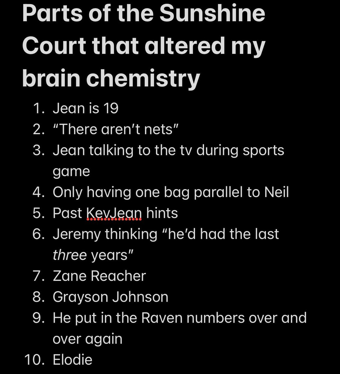 StarkBecca's tweet photo. #tscspoilers 
-
-
-
-
I have so many feelings and this list is not exhaustive it’s just the things that hit me and I wanted to make sure I didn’t forget them. I’m sure it will be updated on my second read through. But TSC has lived up to hype. 🌼☀️ https://t.co/O88xJIsMFs
