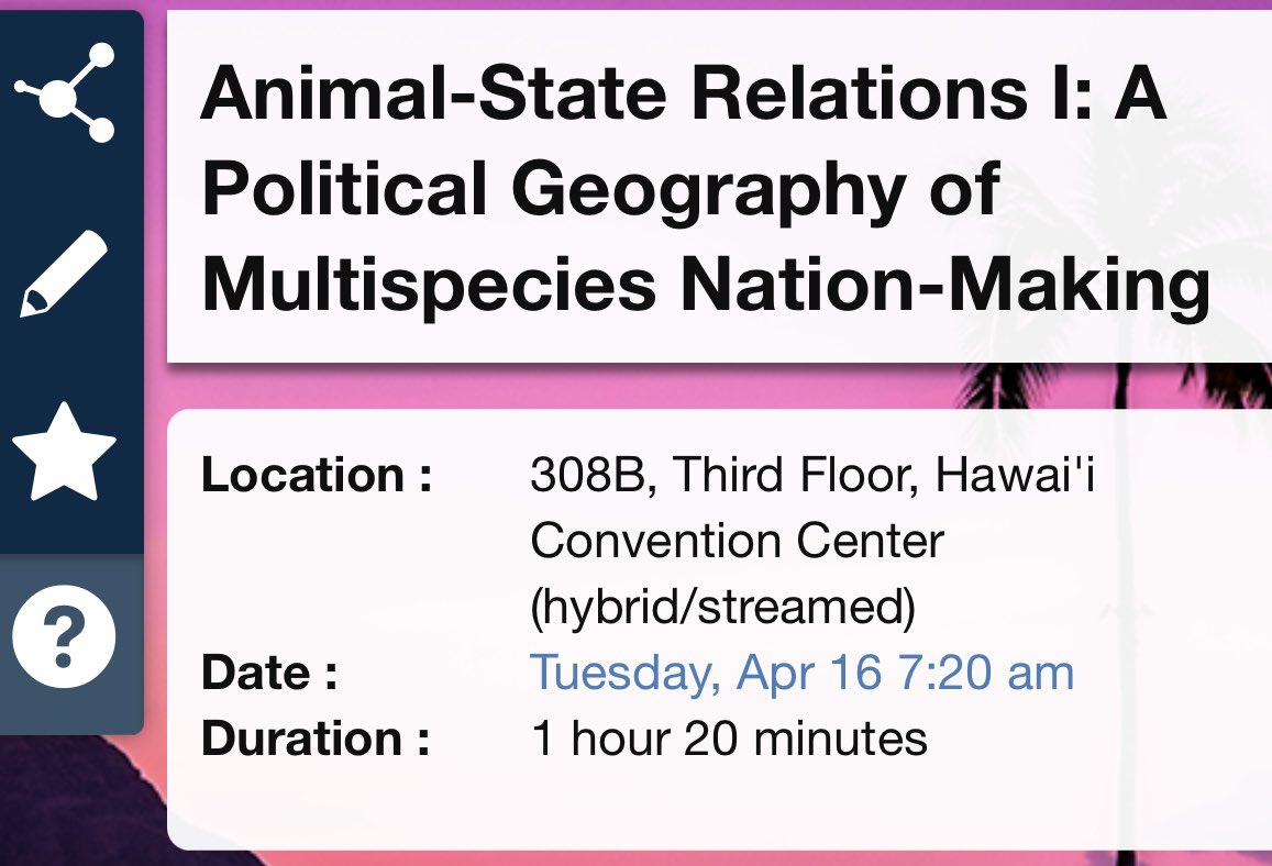 YaminiNarayanan's tweet photo. Aloha #AAG2024!! Super excited for our inspired sessions on Animal-State Relations I-III, probing how animals subvert, resist, surrender to state(s) w/ @WolfieProf @amitkaushiktw @hanthropocene @WhoIsFeral &amp; others

Hit the ground running 🏃‍♀️w/ us 7.20 AM, 16 April 🤩🦔🐁🦜🐓🦬🦥 https://t.co/u27ll0w63l