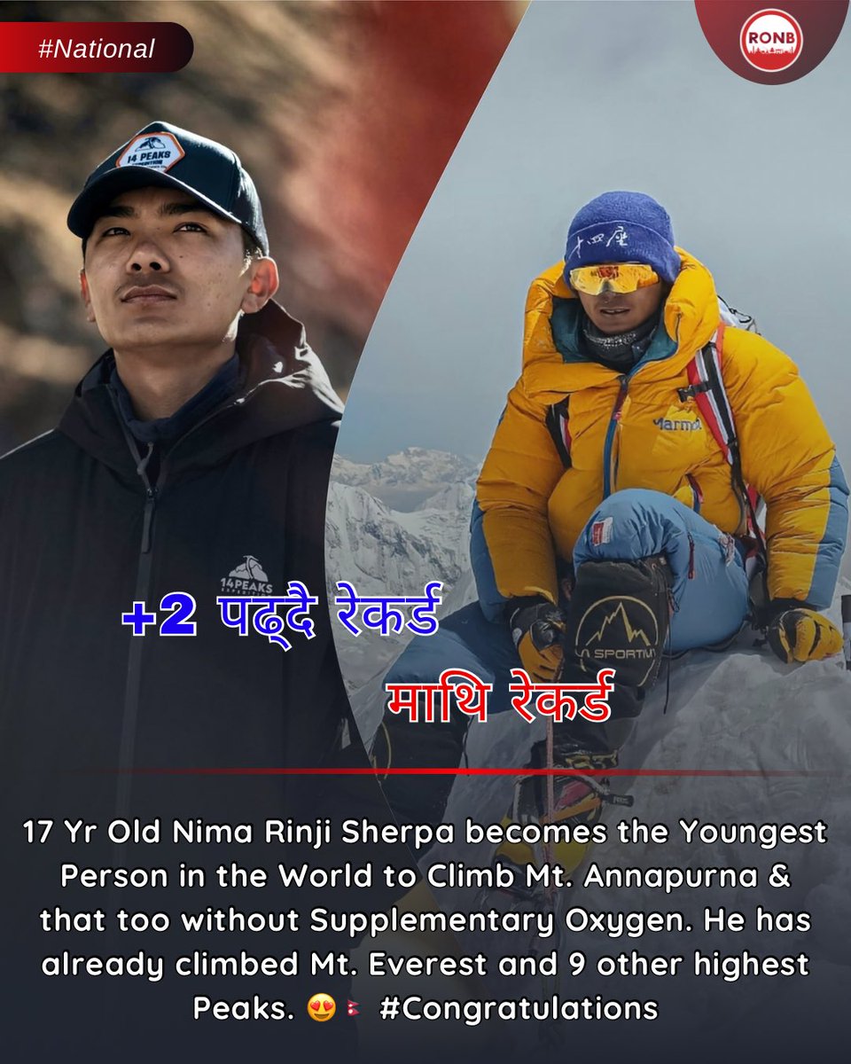 +2 पढ्दै रेकर्ड माथि रेकर्ड: 17 Yr Old Nima Rinji Sherpa becomes the Youngest Person in the World to Climb Mt. Annapurna & that too without Supplementary Oxygen. He has already climbed Mt. Everest and 9 other highest Peaks. 😍🇳🇵 #Congratulations
